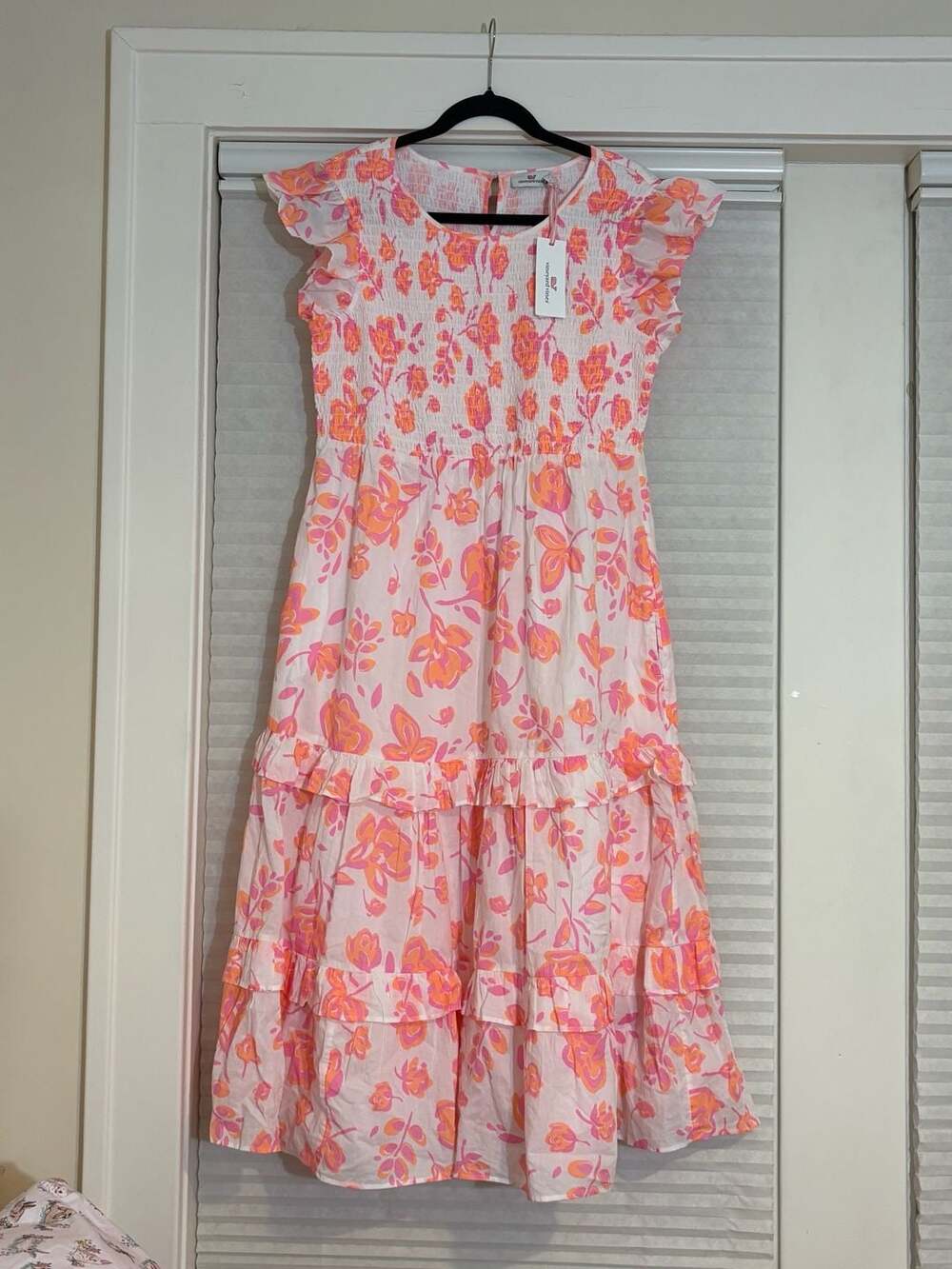 Vineyard Vines Summer Bloom Smocked Dress Size L Pink Orange Floral Tiered